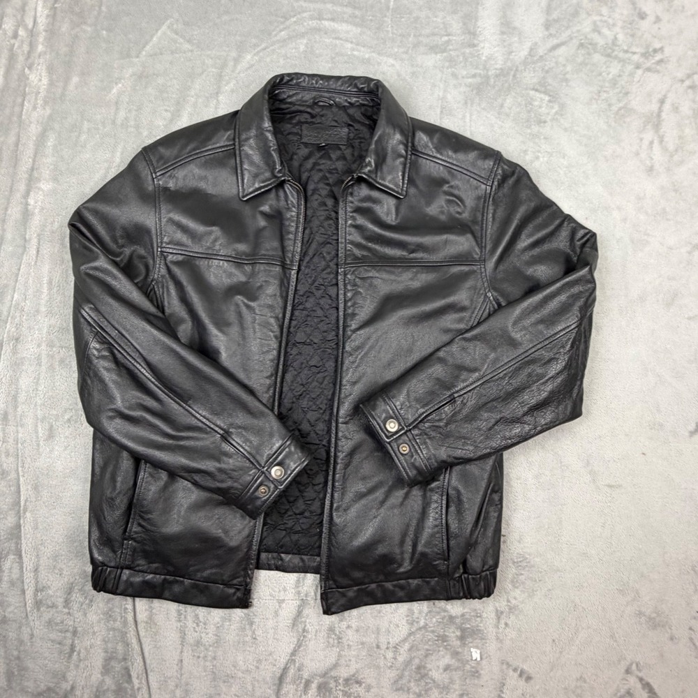 John Ashford leather Jacket Mens Medium Black Full Zip Quilted Lined Classic